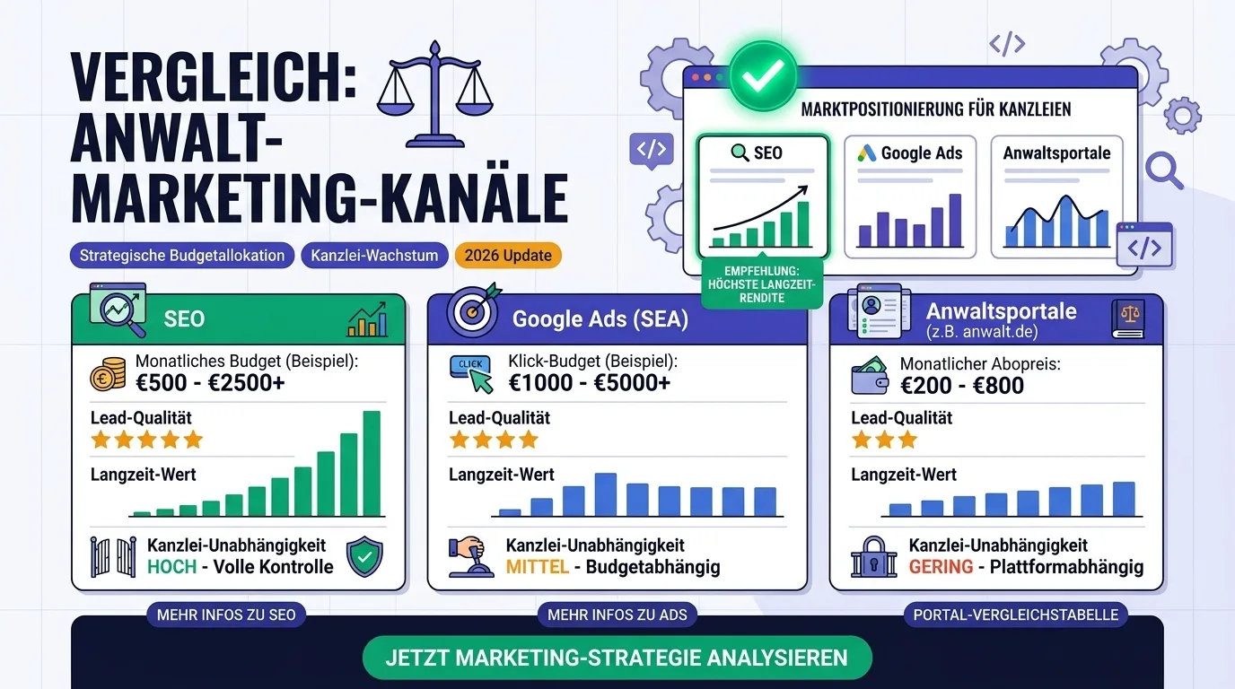Vergleich SEO vs. Google Ads vs. Anwaltsportale: Kosten, Mandatsqualit&auml;t und Unabh&auml;ngigkeit f&uuml;r Kanzleien