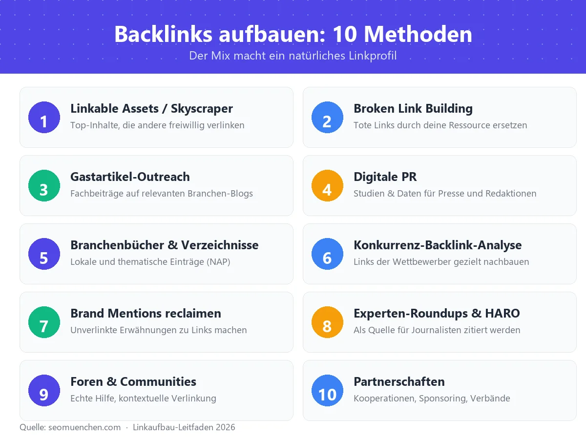 Infografik: 10 Methoden, um Backlinks aufzubauen &ndash; von Linkable Assets &uuml;ber Broken Link Building bis zu Partnerschaften