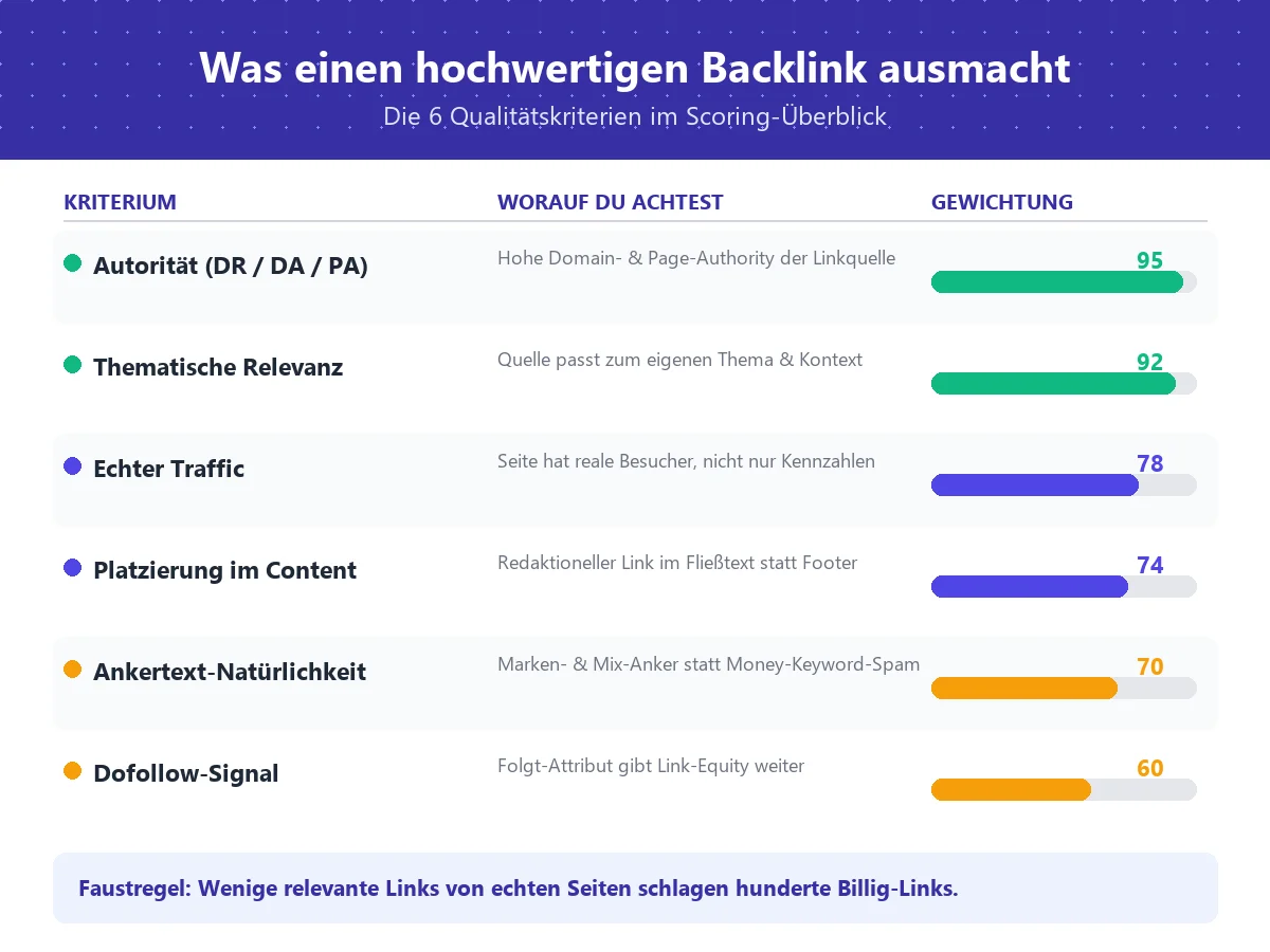 Quality-Scorecard: Die 6 Qualit&auml;tskriterien f&uuml;r hochwertige Backlinks mit Gewichtung &ndash; Autorit&auml;t, Relevanz, Traffic, Platzierung, Ankertext, Dofollow
