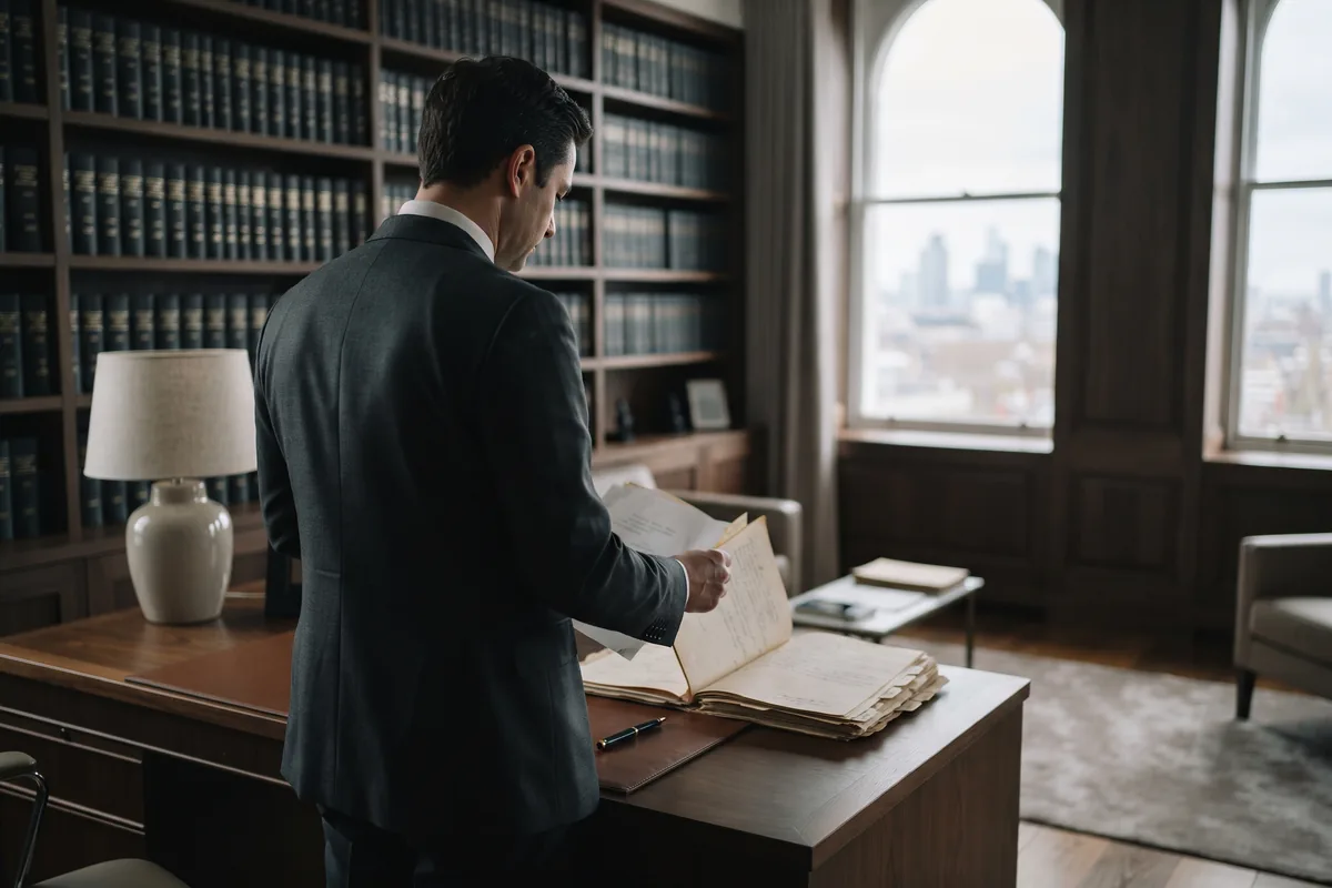 Anwalt steht am Schreibtisch einer Kanzlei und liest eine Akte, Bücherwand im Hintergrund