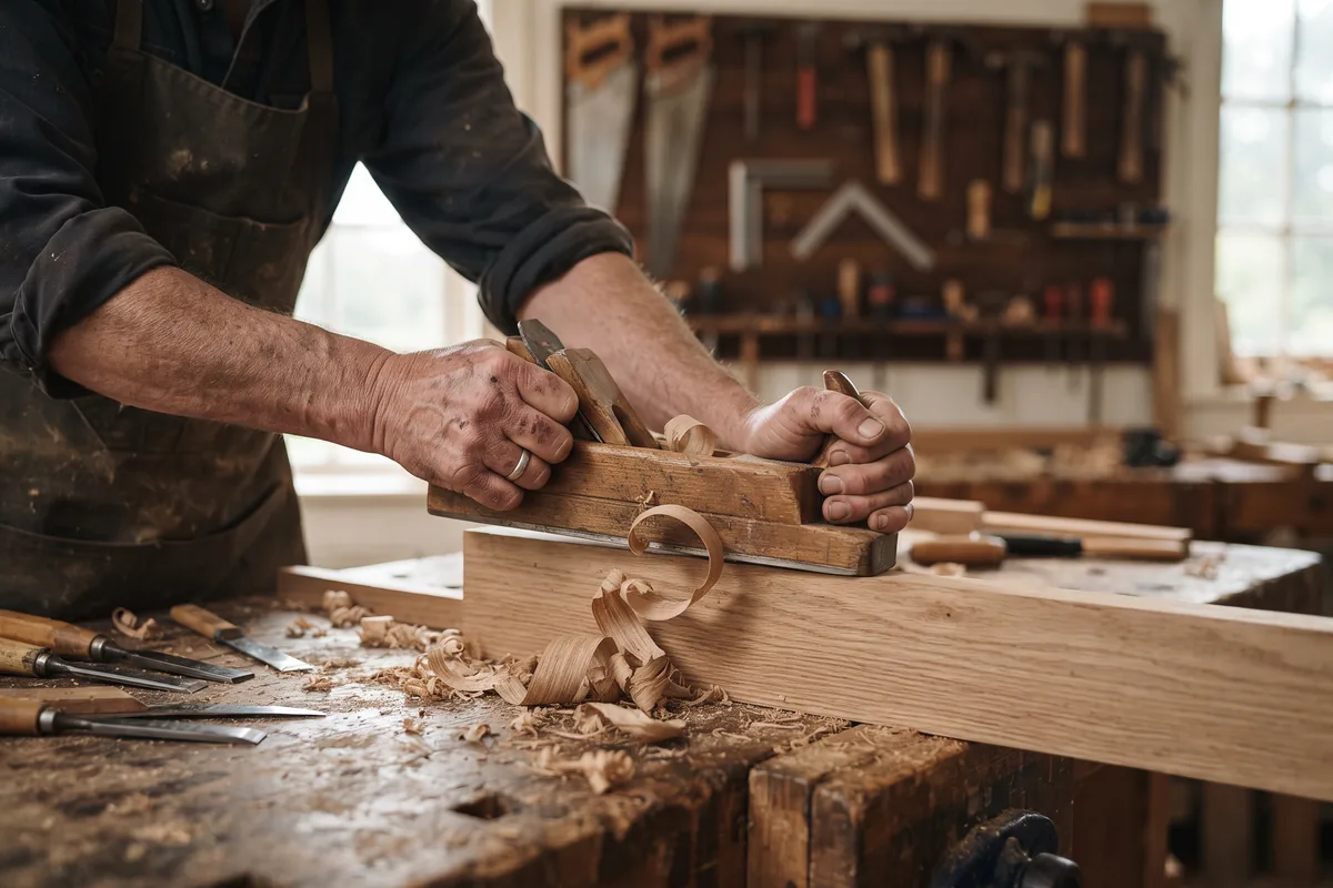 Hände eines Schreiners hobeln eine Eichenbohle in der Werkstatt