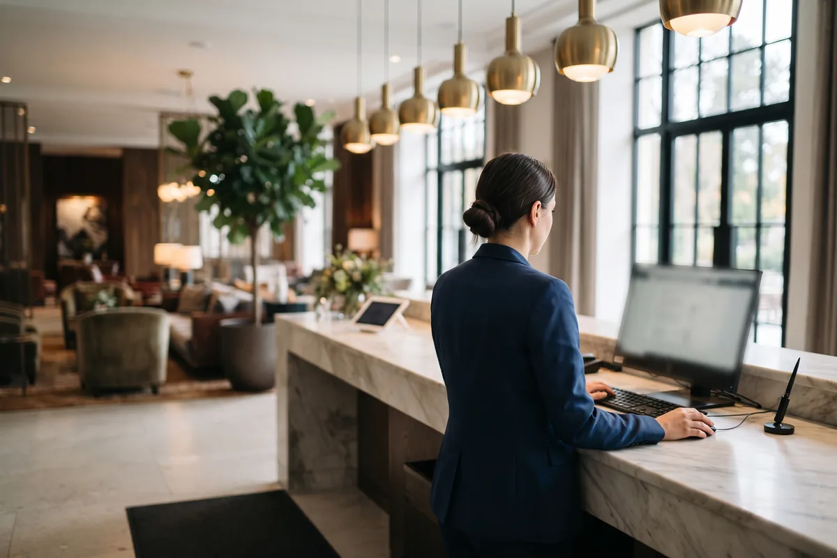 Rezeptionistin am Marmorempfang einer Hotellobby mit Messingleuchten