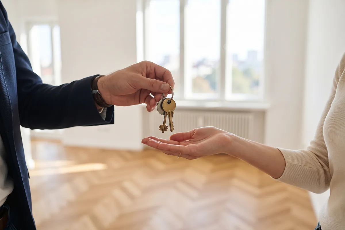 Schlüsselübergabe in einer hellen leeren Wohnung mit Parkettboden