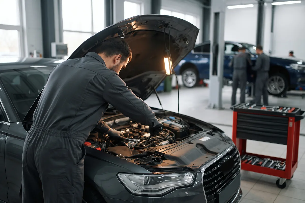 Mechaniker arbeitet unter der geöffneten Motorhaube in einer KFZ-Werkstatt
