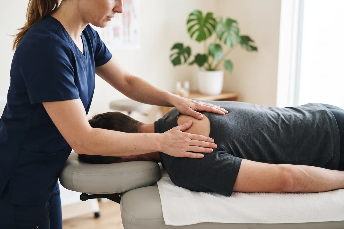 Physiotherapeutin behandelt Schulter und Rücken eines Patienten auf der Liege