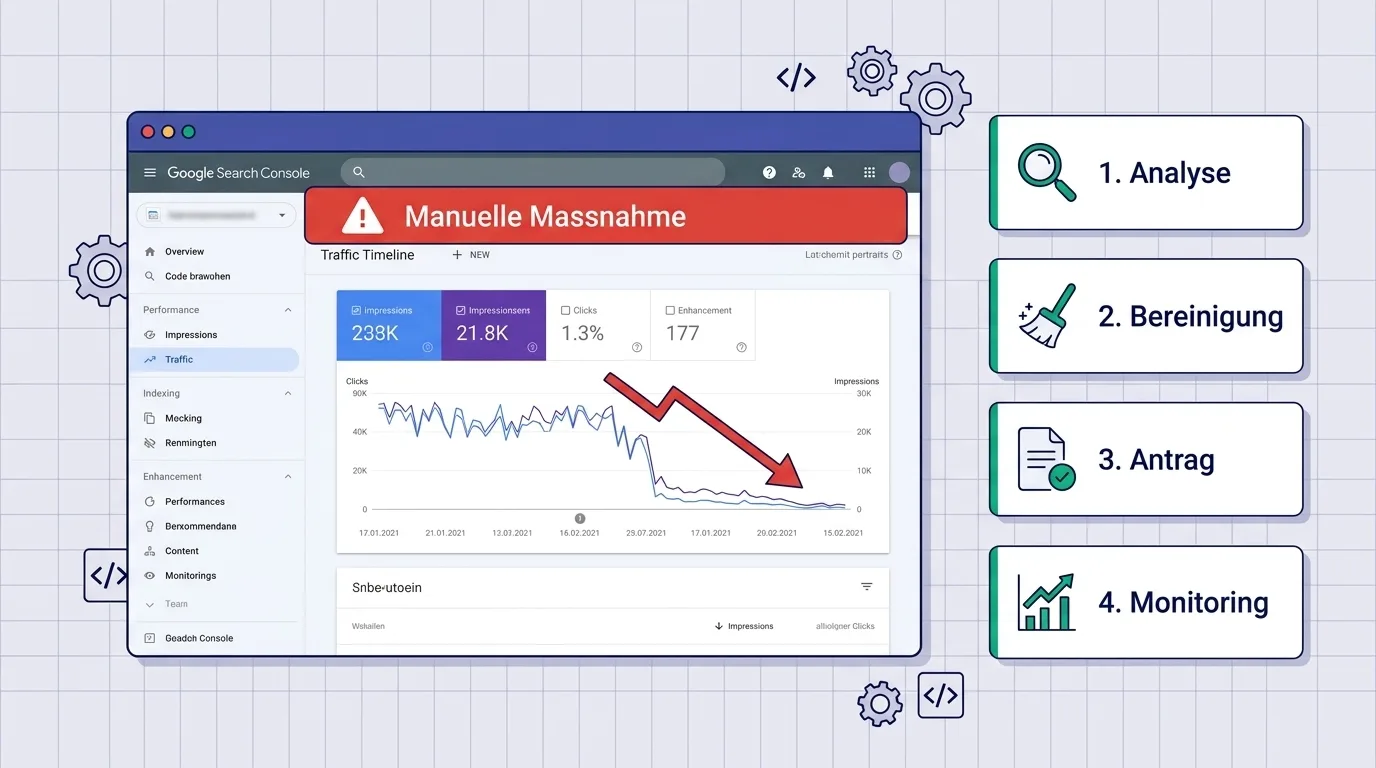 Screenshot-Beispiel: Google Search Console mit manueller Maßnahme und Recovery-Verlauf