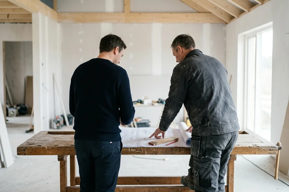 Handwerker und Kunde besprechen Baupläne auf einer hellen Baustelle