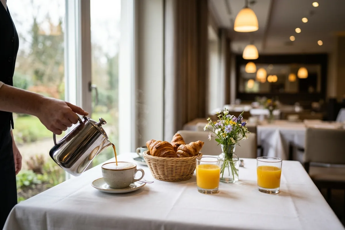 Gedeckter Frühstückstisch am Fenster eines Hotelrestaurants, eine Hand schenkt Kaffee ein