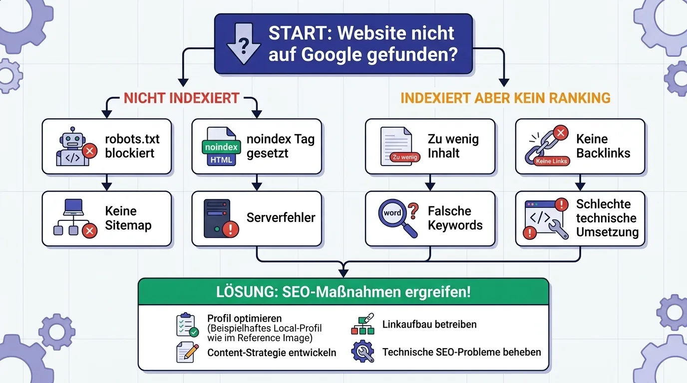Diagnose-Flowchart: Indexiert vs. nicht indexiert — Entscheidungsbaum zur Problemidentifikation bei Google-Sichtbarkeit