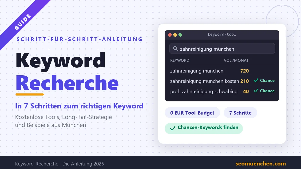 Keyword-Recherche-Anleitung 2026: Keyword-Tool-Mockup mit Suchfeld, Keyword-Liste mit Suchvolumen und grün markierten Chancen-Keywords.