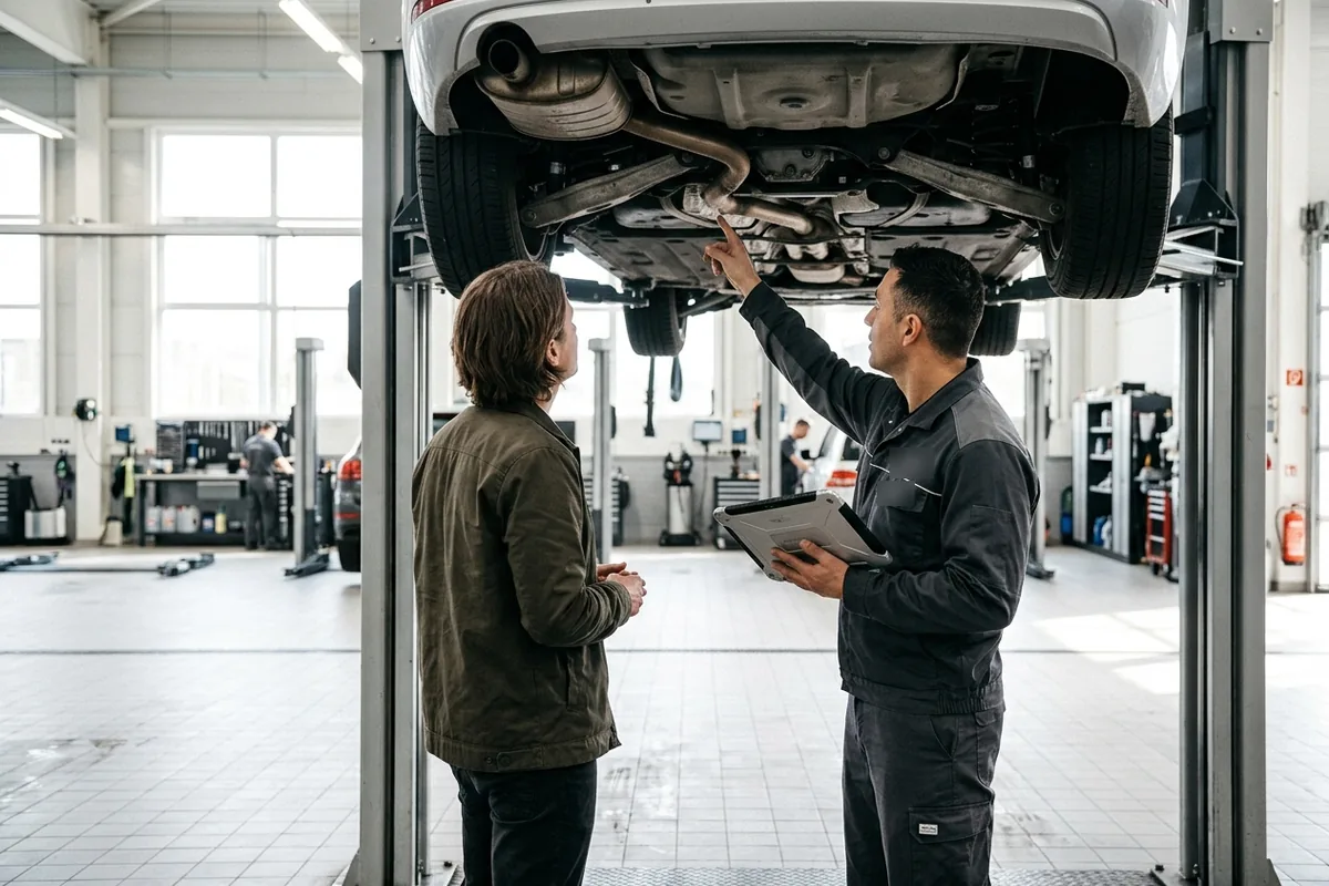 Serviceberater und Kunde besprechen unter einem Auto auf der Hebebühne die anstehende Reparatur