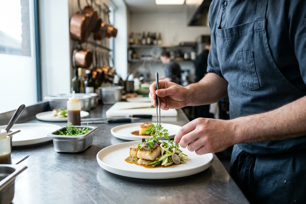 Hände eines Kochs richten ein Gericht in der Restaurantküche an