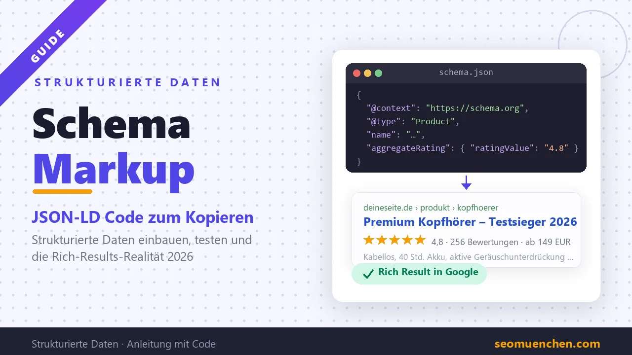 Schema Markup Anleitung: dunkler Code-Editor mit JSON-LD-Snippet für ein Product-Schema und Vorschau eines Google-Rich-Results mit Sterne-Bewertung