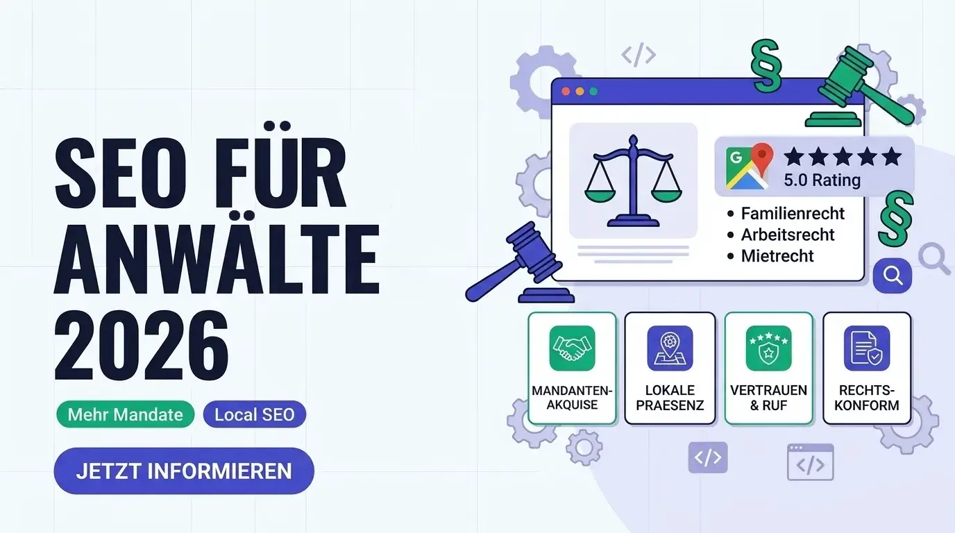 SEO f&uuml;r Anw&auml;lte 2026: Dashboard mit Rechtsgebieten, Google Maps und Mandatsanfragen
