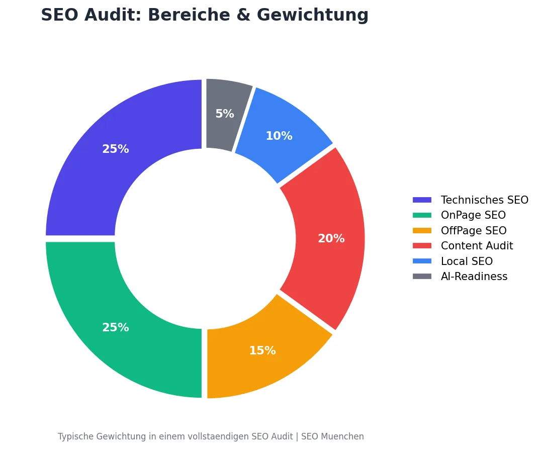 SEO Audit Bereiche und Gewichtung: Technisches SEO, OnPage, OffPage, Content, Local SEO und AI-Readiness