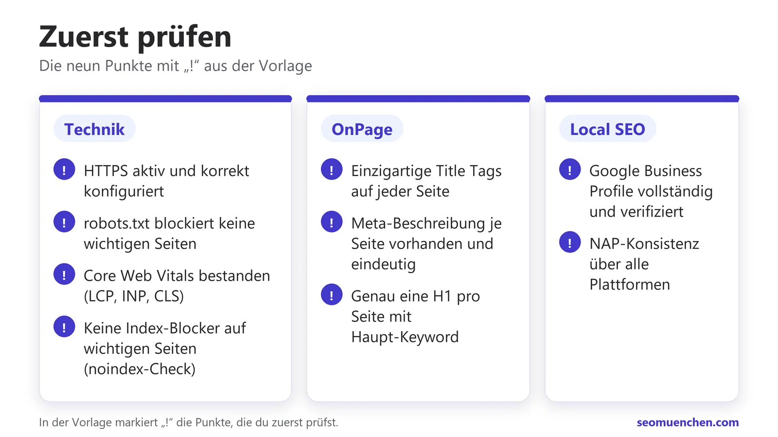 Zuerst prüfen: die neun mit Ausrufezeichen markierten Punkte der Vorlage aus Technik, OnPage und Local SEO.