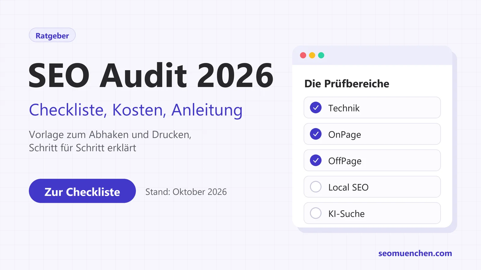 Titelbild zum Ratgeber SEO Audit Checkliste mit den Prüfbereichen der Vorlage zum Abhaken