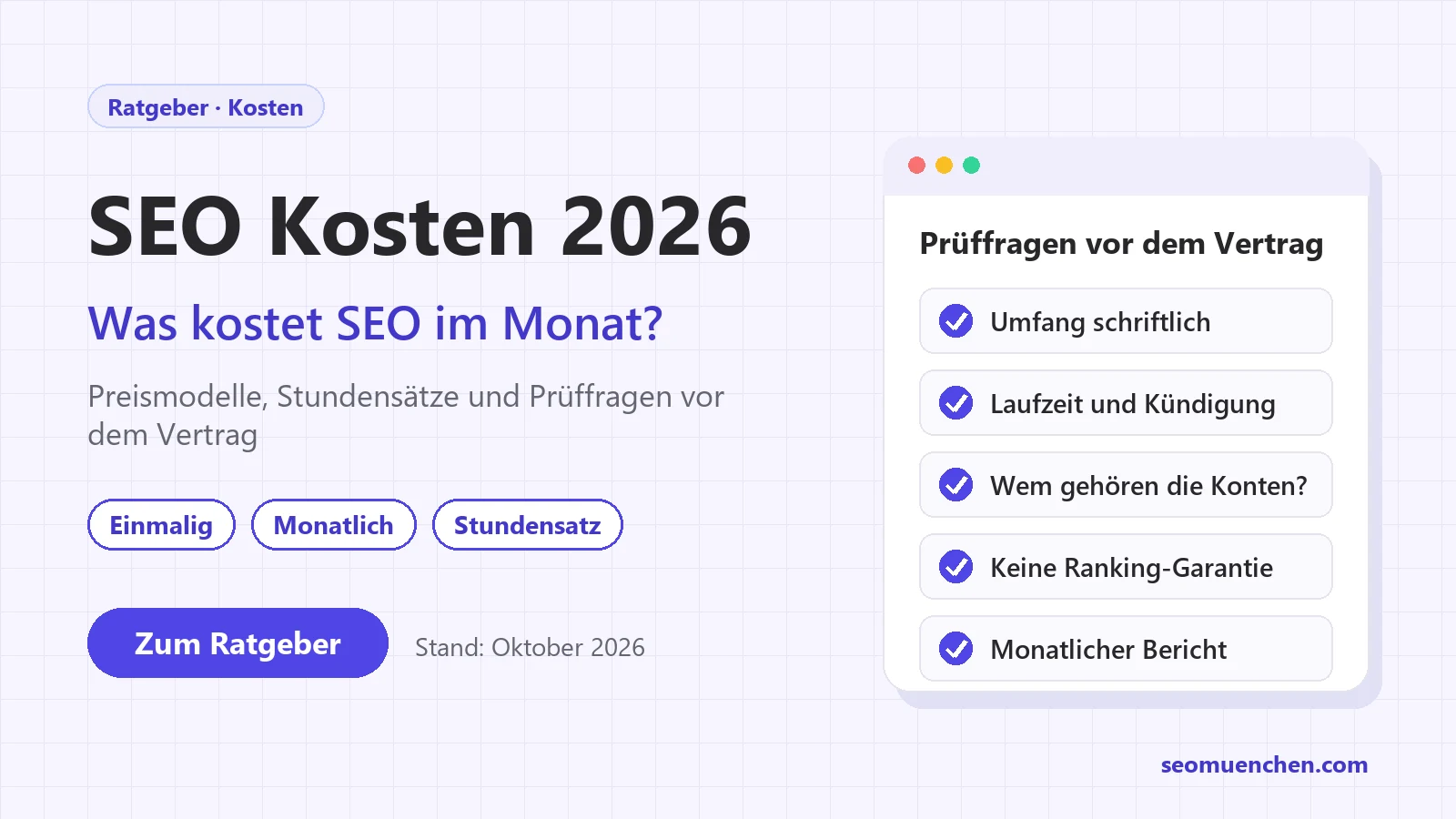 Titelgrafik SEO Kosten 2026: Preismodelle, Stundensätze und Prüffragen vor dem Vertrag