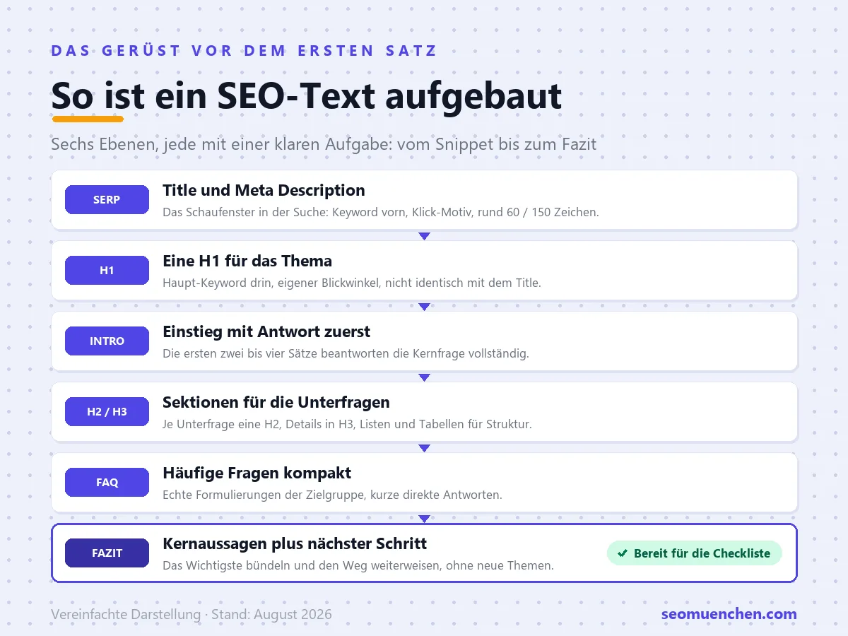 Infografik: Aufbau eines SEO-Textes in sechs Ebenen, von Title und Meta Description über H1, Antwort-Einstieg und H2-Sektionen bis zu FAQ und Fazit.