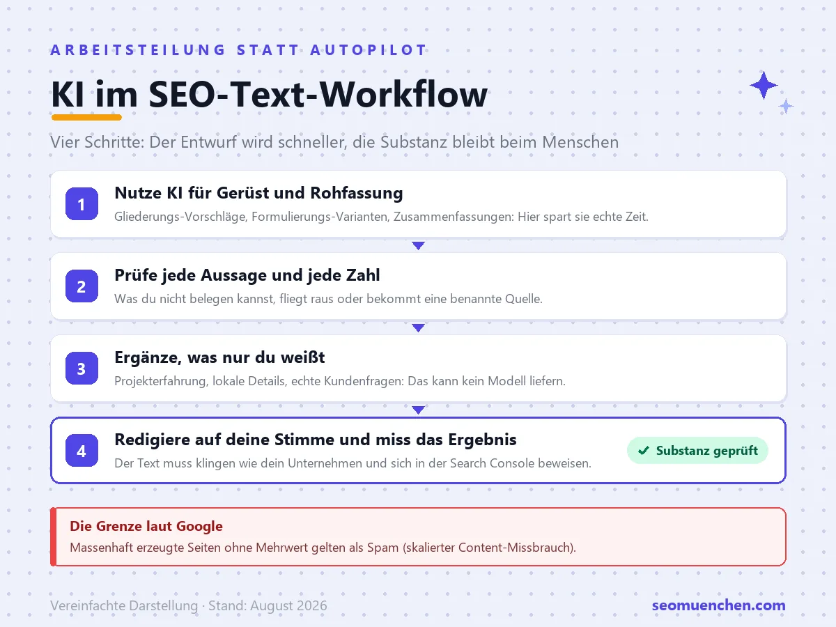 Infografik: KI beim Schreiben von SEO-Texten in vier Schritten nutzen, von Gerüst und Rohfassung über Fakten-Check und eigene Erfahrung bis zum Feinschliff mit Messung.