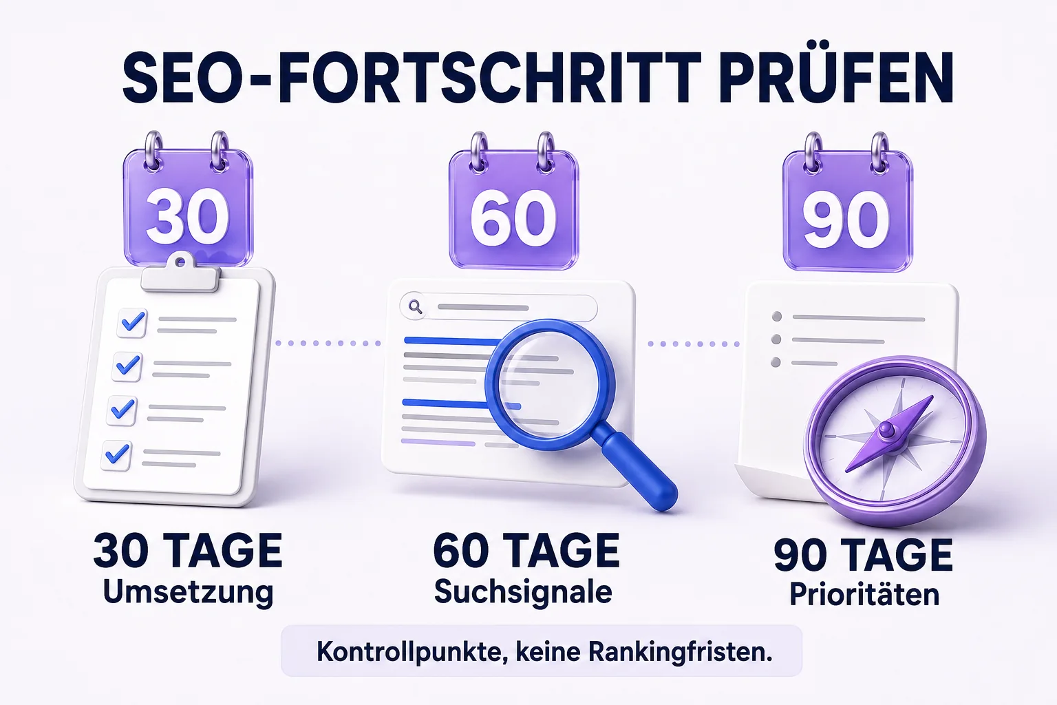 SEO-Prüfplan: nach 30 Tagen Umsetzung prüfen, nach 60 Tagen Suchsignale bewerten und nach 90 Tagen nächste Prioritäten festlegen.