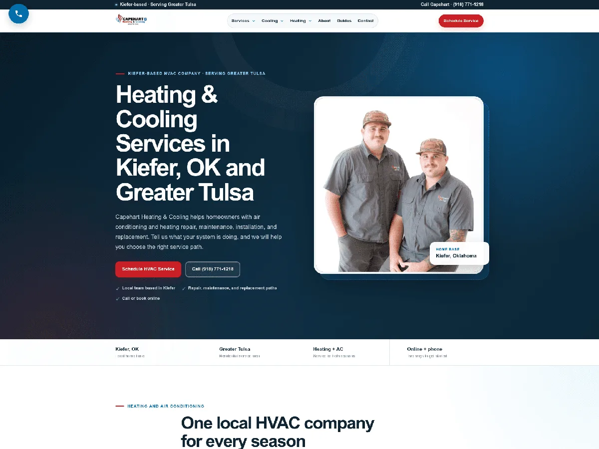 Startseite von Capehart Heating and Cooling mit lokalem Leistungsangebot und Teamfoto im individuellen WordPress-Theme
