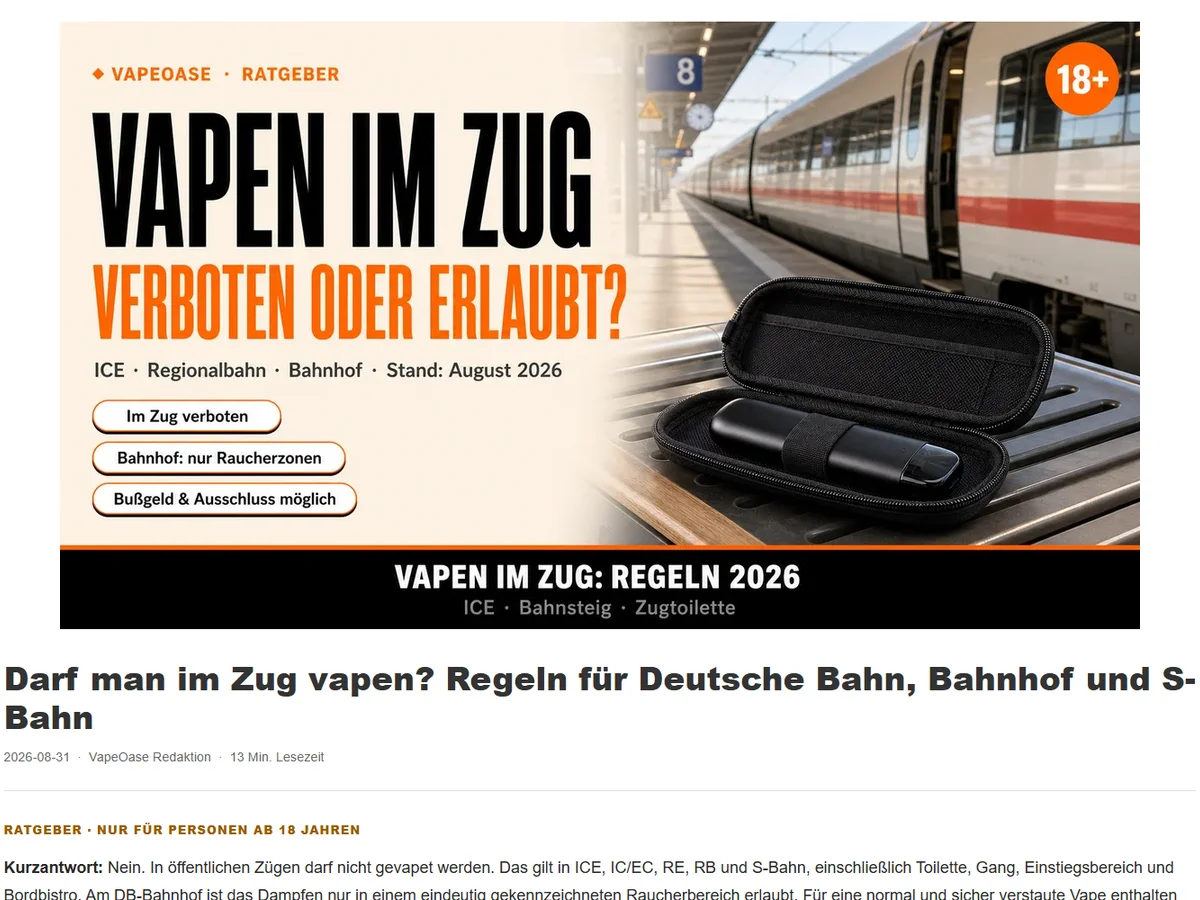 Einblick in den für VapeOase erstellten Ratgeber Vapen im Zug mit gegliedertem Artikelaufbau